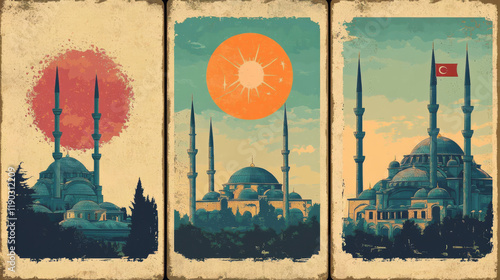 Erzurum, Eskisehir and Yalova Turkish il, provinces plates, vintage vector banners of touristic Turkey landmarks. Retro grunge boards, aged travel destination signs, postcards, signboards plaques set photo