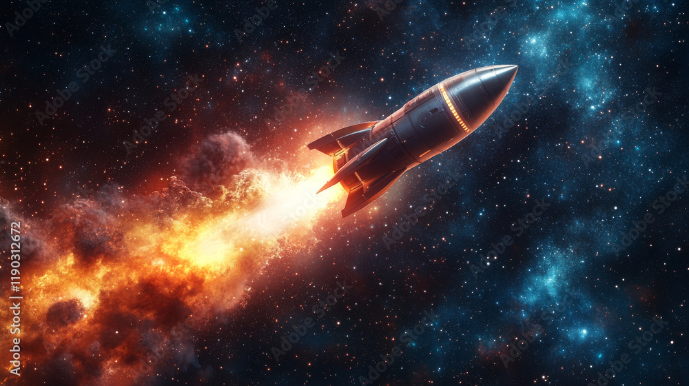 Stylized rocket zooming through space trailing flames from a turbo boost, cartoon illustration Stylized rocket zooming through space trailing flames from a turbo boost, cartoon illustration