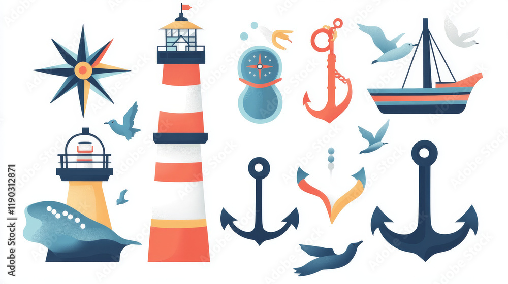 Nautical lighthouse, beacon and marine compass winds rose icons. Vector seafarer ocean spirit and sea travel cruise symbols of frigate ship anchor, helm and seagulls Nautical lighthouse, beacon and marine compass winds rose icons. Vector seafarer ocean spirit and sea travel cruise symbols of frigate ship anchor, helm and seagulls