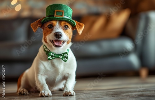 Happy dog wearing green bow tie and St. Patricks Day hat, sitting on wooden floor photo