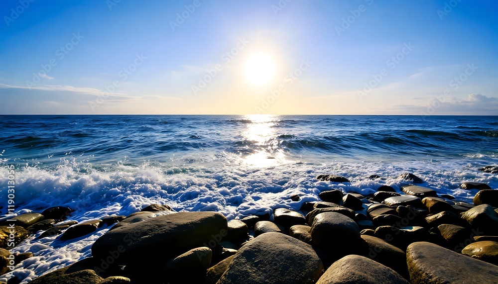 Obraz premium Serene Sunset Seascape: Ocean Waves Crashing on Rocky Shore