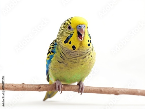 Vibrant Colorful Parakeet Sitting Gracefully on a Branch with a Crisp White Background photo