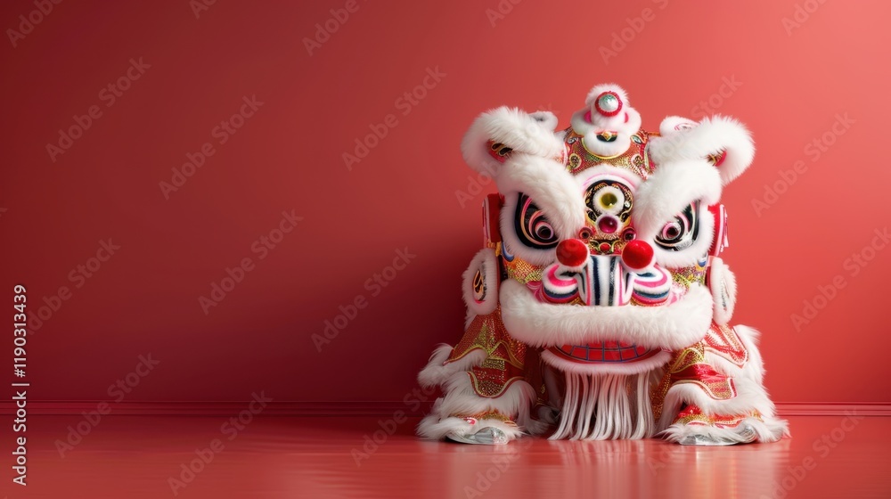 vibrant lion dance costume in red and white, showcasing intricate details and traditional design, perfect for cultural celebrations and festivities vibrant lion dance costume in red and white, showcasing intricate details and traditional design, perfect for cultural celebrations and festivities