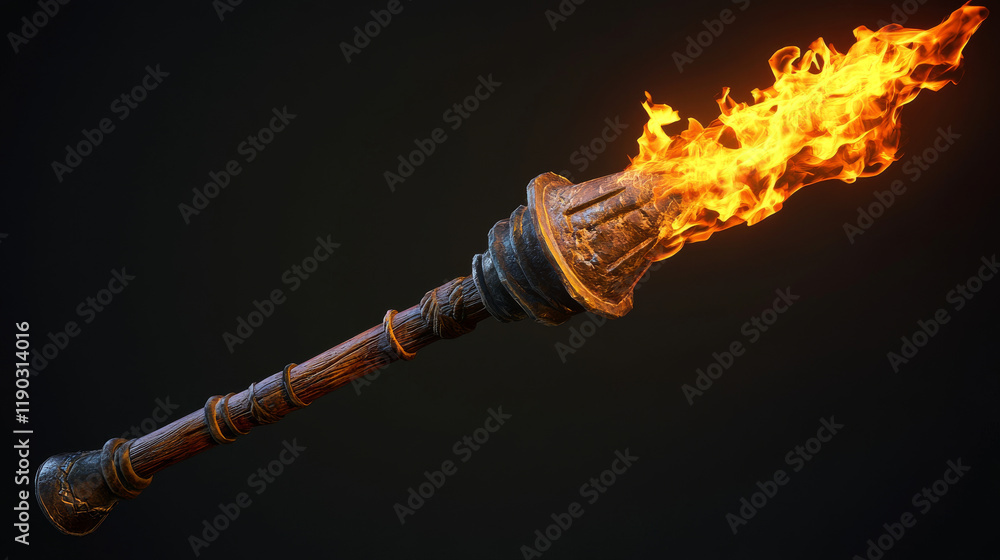 Medieval fire torch for cartoon game asset or GUI element, vector torchlight. Ancient torch of wooden handle with burning fire flame for Medieval fantasy adventure of castle or dungeon arcade game Medieval fire torch for cartoon game asset or GUI element, vector torchlight. Ancient torch of wooden handle with burning fire flame for Medieval fantasy adventure of castle or dungeon arcade game