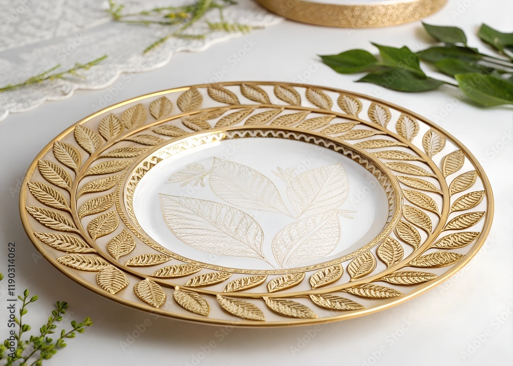 Elegant golden plate with intricate leaf design on a minimalistic white background, perfect for decorative presentations, invitations, or announcements