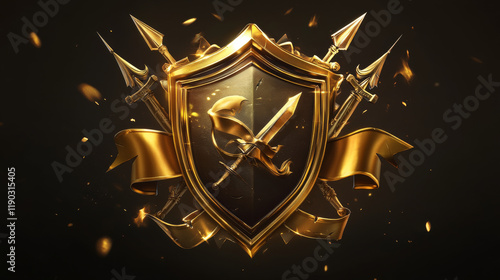 Level up badge. Videogame or casino victory award, game winner rank or level up UI symbol, gaming app interface vector asset. Arcade victory achievement, prize golden badge with spears and flags photo