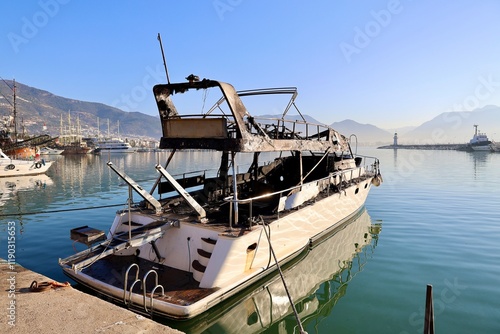 Burned yacht docked. High quality photo