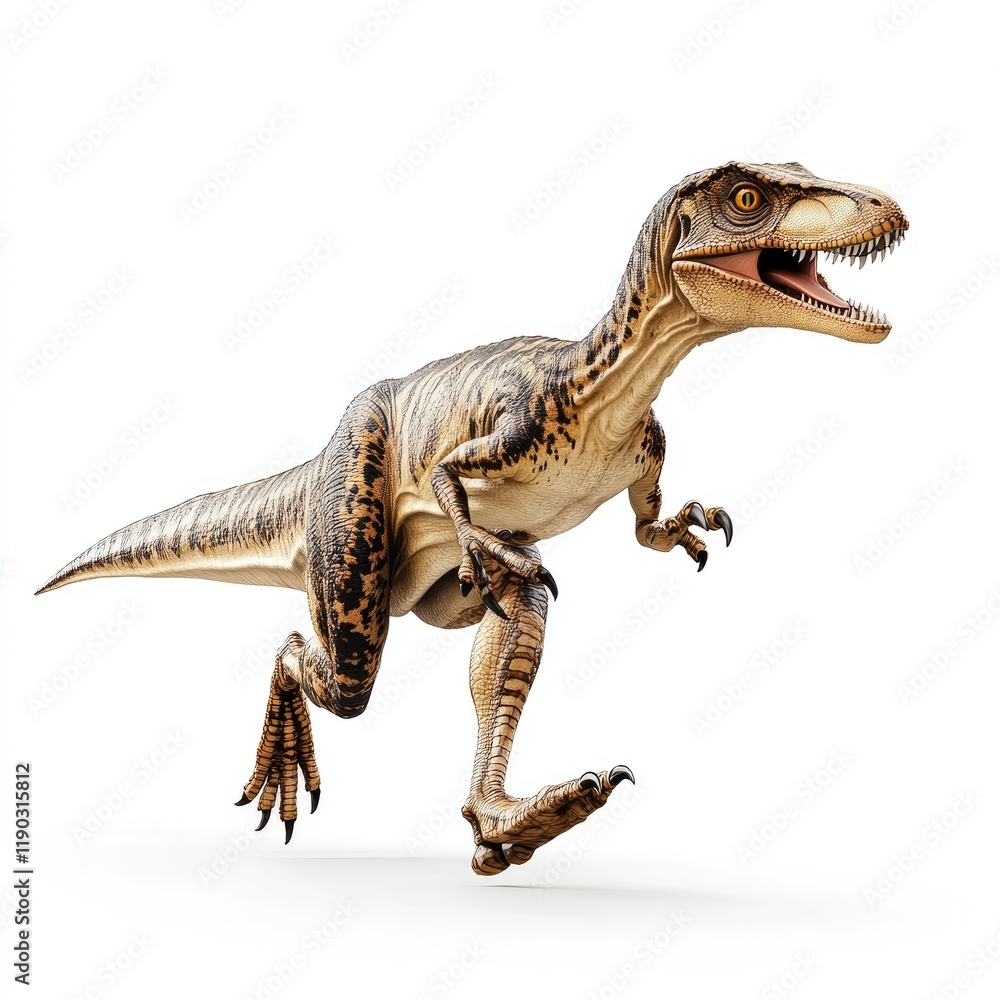Naklejka premium Dinosaur in Motion A Lifelike Raptor on a White Background for Educational Use