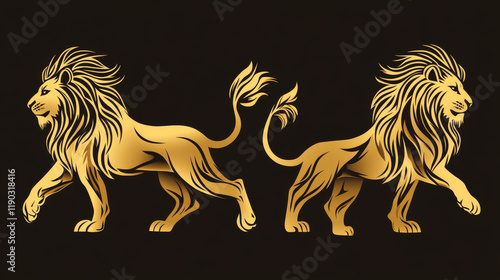 Lion heraldic animal isolated icon set. Golden lion passant profile with right foot and tail raised. Medieval royal heraldry symbol, tattoo, coat of arms and mascot design photo