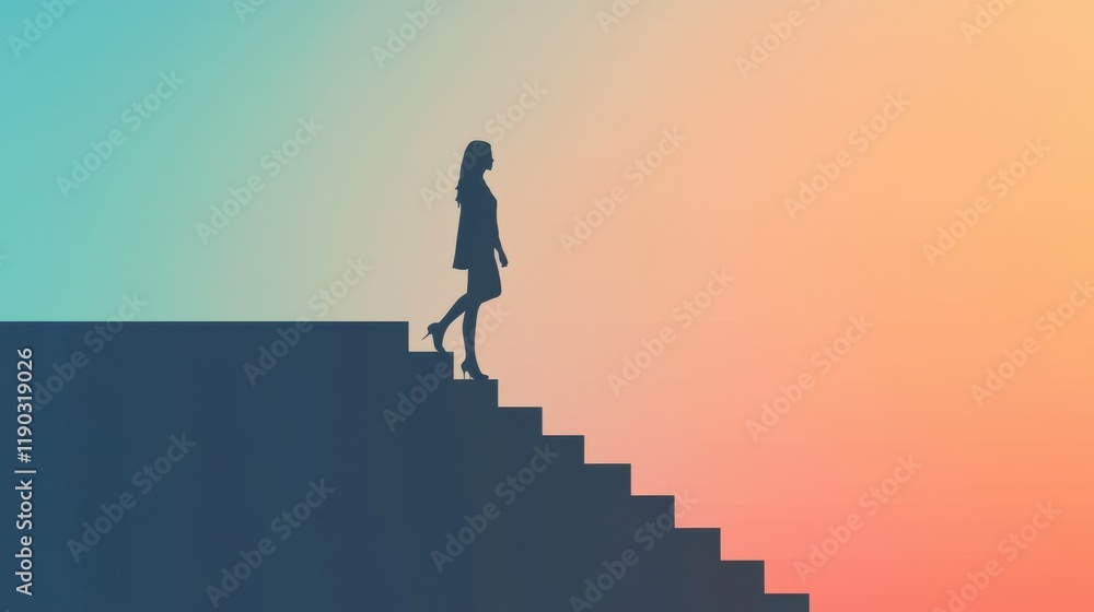 custom made wallpaper toronto digitalMinimalist Silhouette of Woman Walking Upward on Staircase Against Gradient Sky Background
