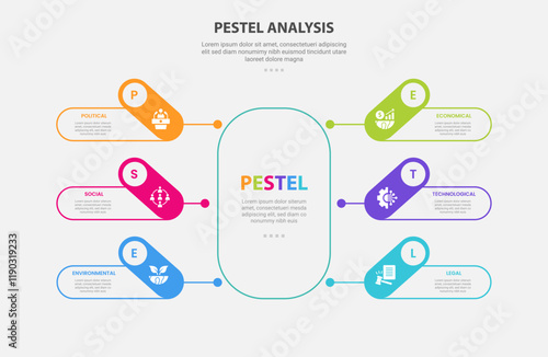 PESTEL analysis infographic outline style with 6 point template with round rectangle base center and line connection for slide presentation