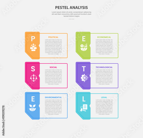 PESTEL analysis infographic outline style with 6 point template with creative folder box table with vertical structure stack for slide presentation
