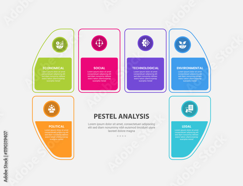 PESTEL analysis infographic outline style with 6 point template with creative table box container with u shape base for slide presentation