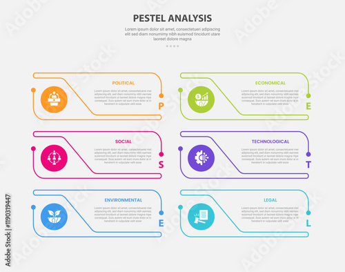 PESTEL analysis infographic outline style with 6 point template with creative rectangle table with circle badge on edge for slide presentation