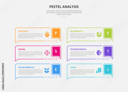 PESTEL analysis infographic outline style with 6 point template with rectangle box container with callout discussion badge for slide presentation