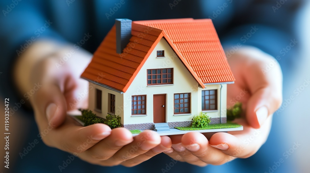 Hands Gently Holding a Miniature House Model, Home Ownership Concept Hands Gently Holding a Miniature House Model, Home Ownership Concept
