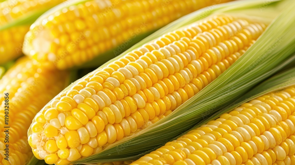 Fresh ears of corn with bright yellow kernels and green husks, showcasing a bountiful harvest ready for cooking or snacking. Fresh ears of corn with bright yellow kernels and green husks, showcasing a bountiful harvest ready for cooking or snacking.