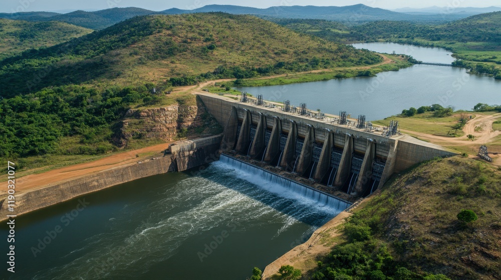 Scenic Aerial View of a Large Dam Surrounded by Lush Green Hills Scenic Aerial View of a Large Dam Surrounded by Lush Green Hills