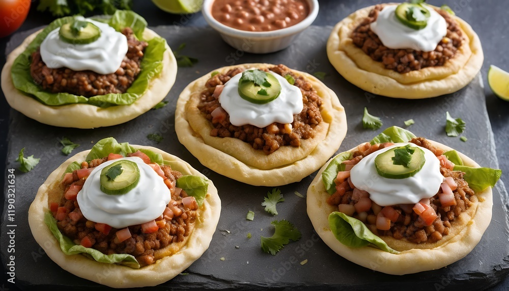 Delicious Mexican Ground Beef Sopes with Creamy Topping and Fresh Cilantro Garnish Delicious Mexican Ground Beef Sopes with Creamy Topping and Fresh Cilantro Garnish