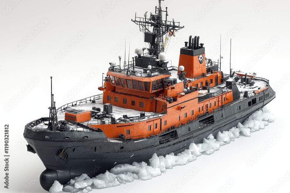 Fototapeta premium Detailed model of an icebreaker, orange hull, black bottom, surrounded by ice.