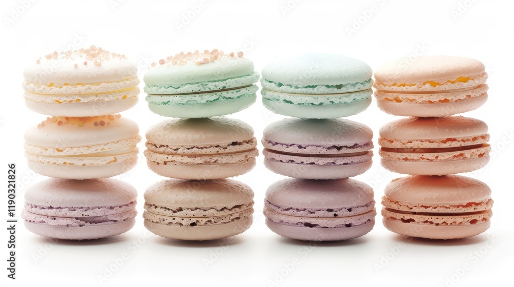 Colorful Macarons Stacked in Rows on White Background Colorful Macarons Stacked in Rows on White Background