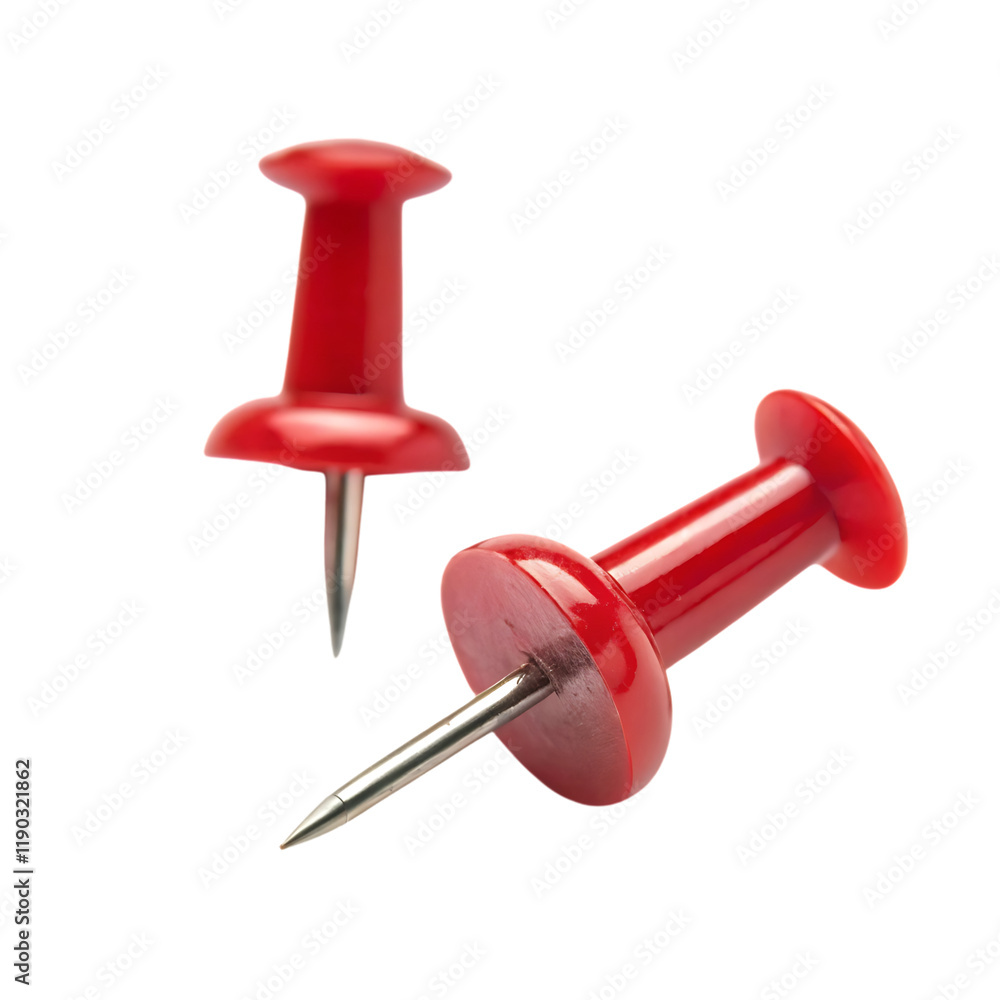 Two red push pins with a silver point. On transparent background. Png file Two red push pins with a silver point. On transparent background. Png file