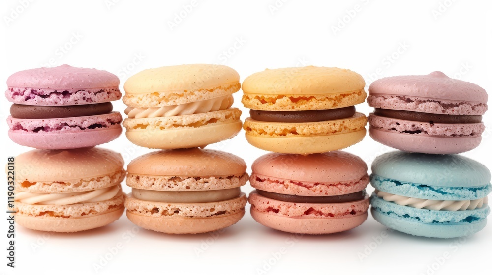 Colorful Macarons Stacked in a Row on White Background