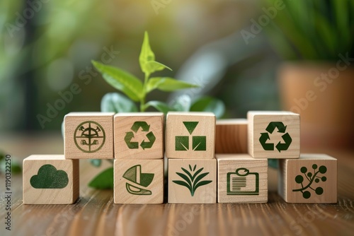 Carbon Footprint, zero emission concept. Carbon ecological footprint symbols on wooden cubes with eco friendly icons. Sustainable development strategy. Environmental, climate change concept. CSR ESG photo