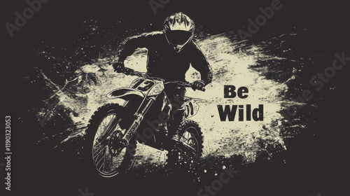 Tshirt print with racing off road bike, sports team apparel design vector mockup. T shirt template with typography be wild. Monochrome print, isolated black grunge emblem or label on white background photo