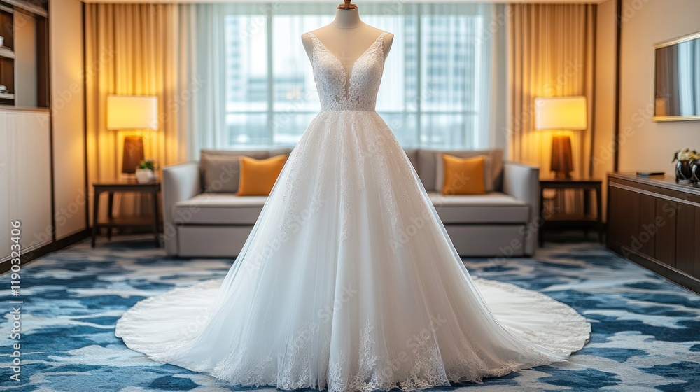 Elegant wedding dress displayed in a luxury hotel room. Elegant wedding dress displayed in a luxury hotel room.