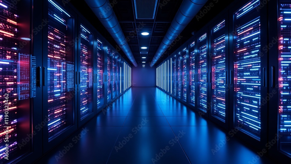 Fototapeta premium A futuristic data center illuminated by rows of vibrant, luminous servers with sleek, angular lines, set against a dark, high-gloss floor and surrounded by glass partitions.