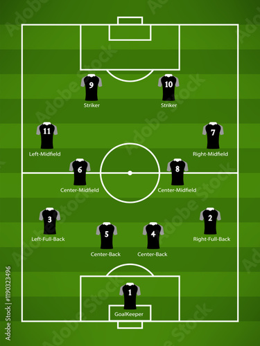 Soccer field diagram with player positions marked on a green field, suitable for sports education, team strategy visuals, and graphic designs.