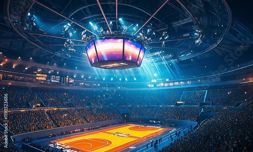 A vibrant basketball arena filled with cheering fans, illuminated by bright lights, showcasing an exciting game atmosphere