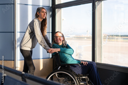 Daughter assisting her elderly mother in wheelchair at airport waiting area photo