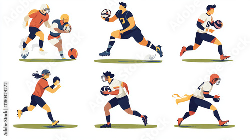 Rugby sport vector icons. American football game isolated signs professional player run with ball, helmet, boots, gloves and jersey, play field. Rugby sport symbols stadium and referee whistles set photo