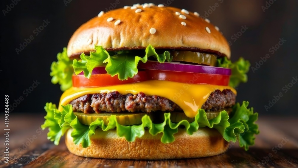 juicy hamburger on a wooden table in the center of the frame juicy hamburger on a wooden table in the center of the frame