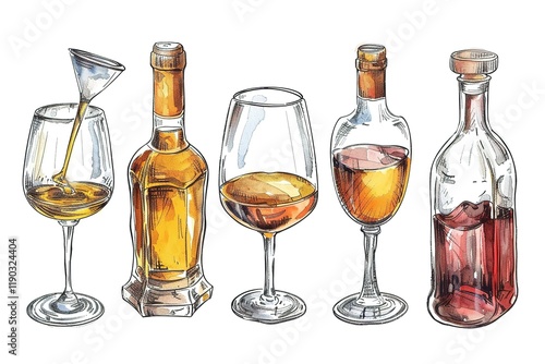 hand drawn design set of different brandies types. Cognac, armagnac, calvados, Grappa and brandy. on white background photo