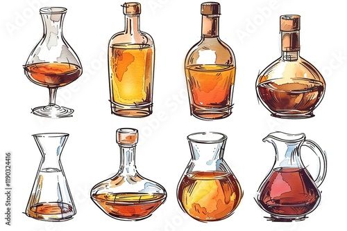 hand drawn design set of different brandies types. Cognac, armagnac, calvados, Grappa and brandy. on white background photo