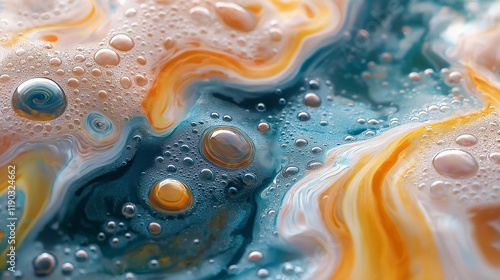 Colorful abstract macro image of swirling bubbles and liquid layers in blue, yellow, and white tones. photo