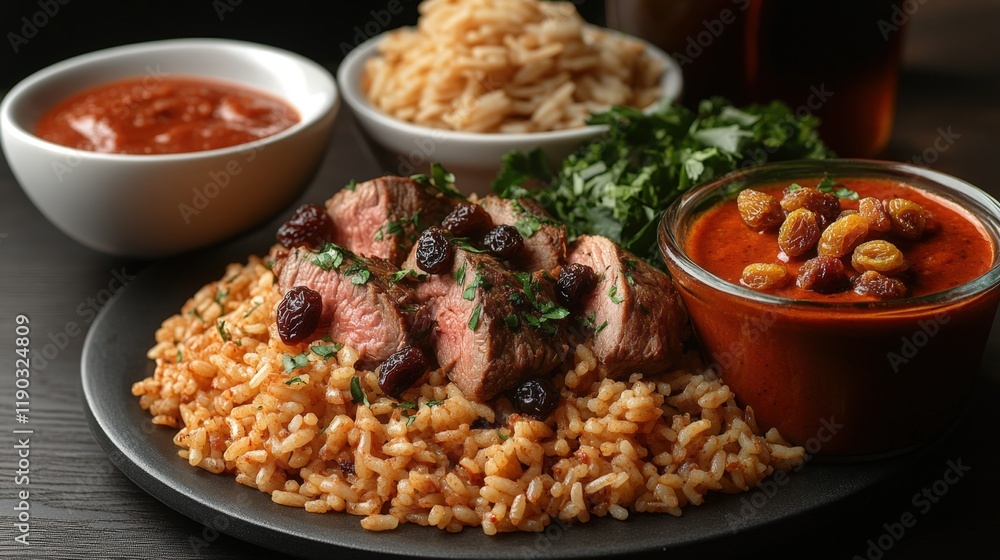 Seared Steak with Raisins and Aromatic Rice, Served with Two Red Sauces Seared Steak with Raisins and Aromatic Rice, Served with Two Red Sauces