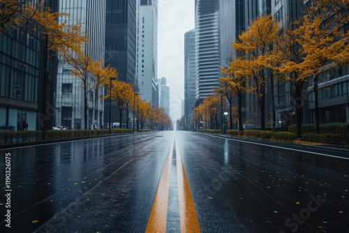 Rain-slicked city street with golden autumn trees and towering skyscrapers reflecting wet pavement creating urban mood