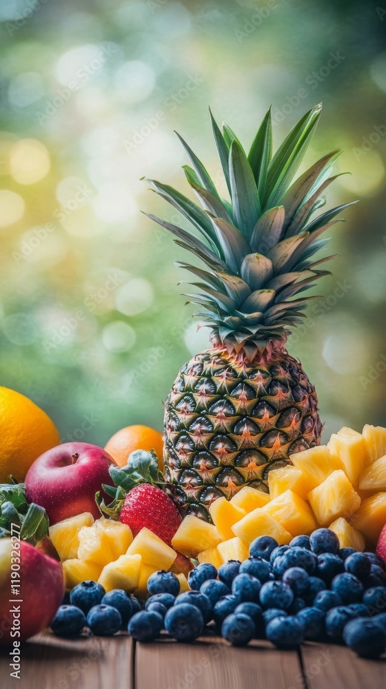 Vivid Display of Various Fruits Including Pineapple and Blueberries Vivid Display of Various Fruits Including Pineapple and Blueberries