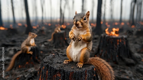 Wildfire and Wildlife Concept, Squirrels Gather on Blackened Tree Stumps in Burnt Forest Landscape After Wildfire Recovery photo