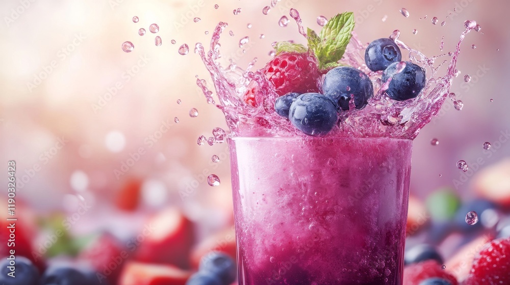 Splash of Mixed Berry Juice with Swirling Droplets and Berries Splash of Mixed Berry Juice with Swirling Droplets and Berries