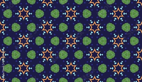 Starry Botanical Seamless Pattern with Abstract Shapes.