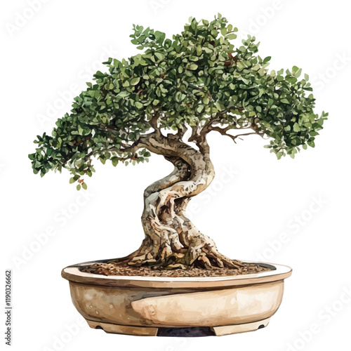 A watercolor of an Indian cork tree bonsai, isolated on a white background. Indian cork tree bonsai vector.
