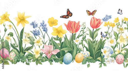 Easter spring flowers greeting banner set. Flower and coloured Easter egg floral bunches with tulip, lily, narcissus, snowdrop, willow tree twig, green leaves, butterfly and wishes of Happy Easter photo