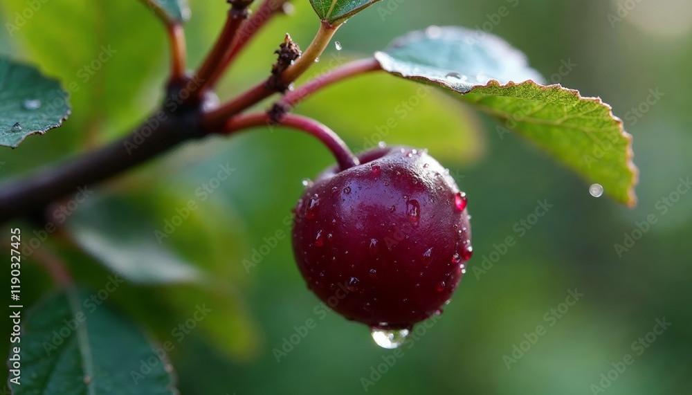 Single ripe cherry on branch with water drops Single ripe cherry on branch with water drops