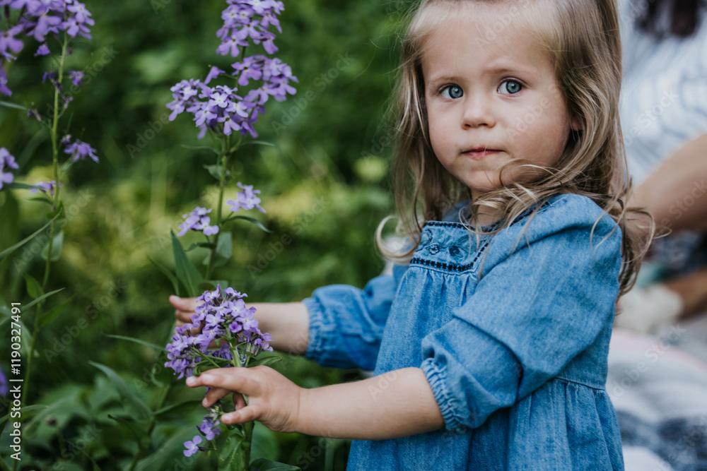 Young girl looks at camera while picking wildflowers in spring field Young girl looks at camera while picking wildflowers in spring field