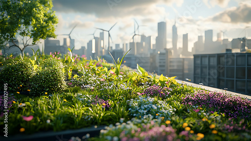 vibrant rooftop garden with diverse plants and wind turbines, showcasing urban sustainability and nature beauty photo